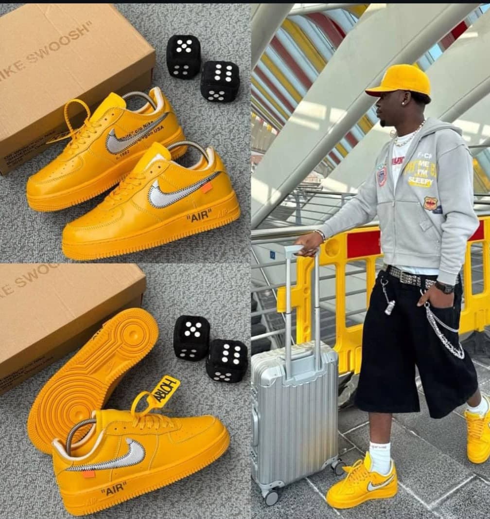 Yellow Nike Air Force 1 sneakers with Off-White style elements shown in product and lifestyle shots with model.
