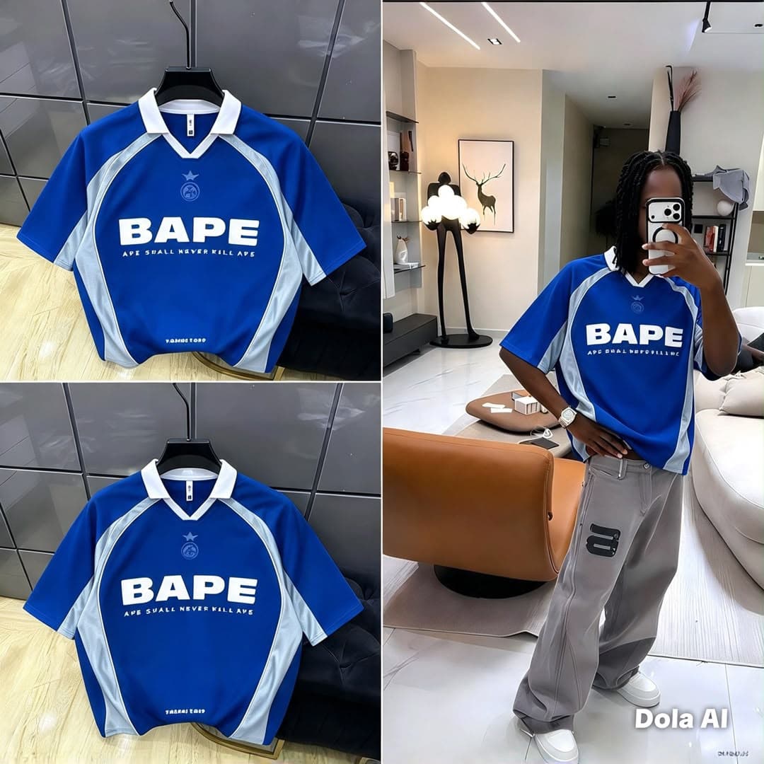 Blue BAPE jersey t-shirt displayed on hanger and modeled in modern interior.