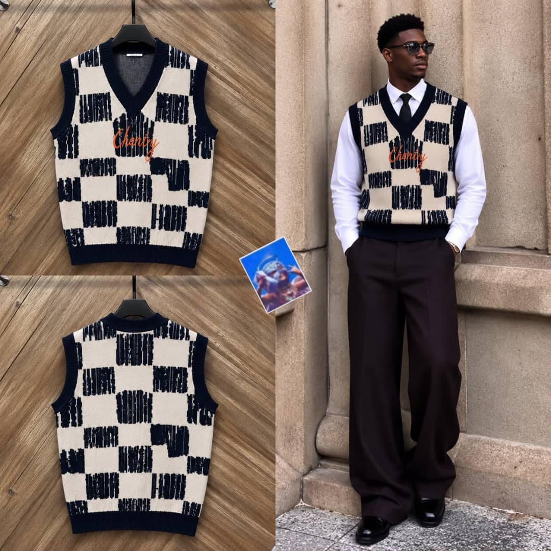 Cream and navy checkered knit sweater vest with Charity text in front and back flat lays plus model wearing outdoors.