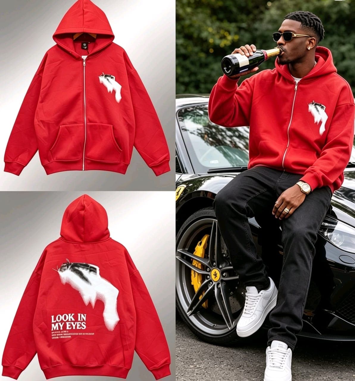 Blue zip-up hoodie with chest graphic, back showing LOOK IN MY EYES text, and model lifestyle shot.