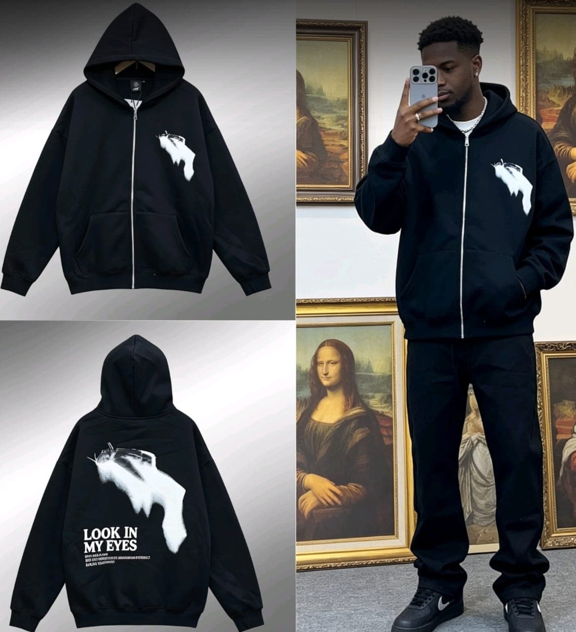 Black zip-up hoodie with white chest graphic, back with LOOK IN MY EYES print, and mirror selfie model shot.