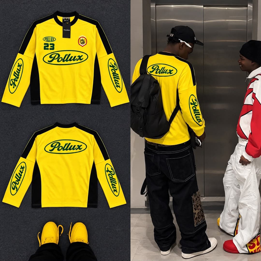 Yellow Pollux 23 long sleeve jersey in front, back flat lays and lifestyle view.