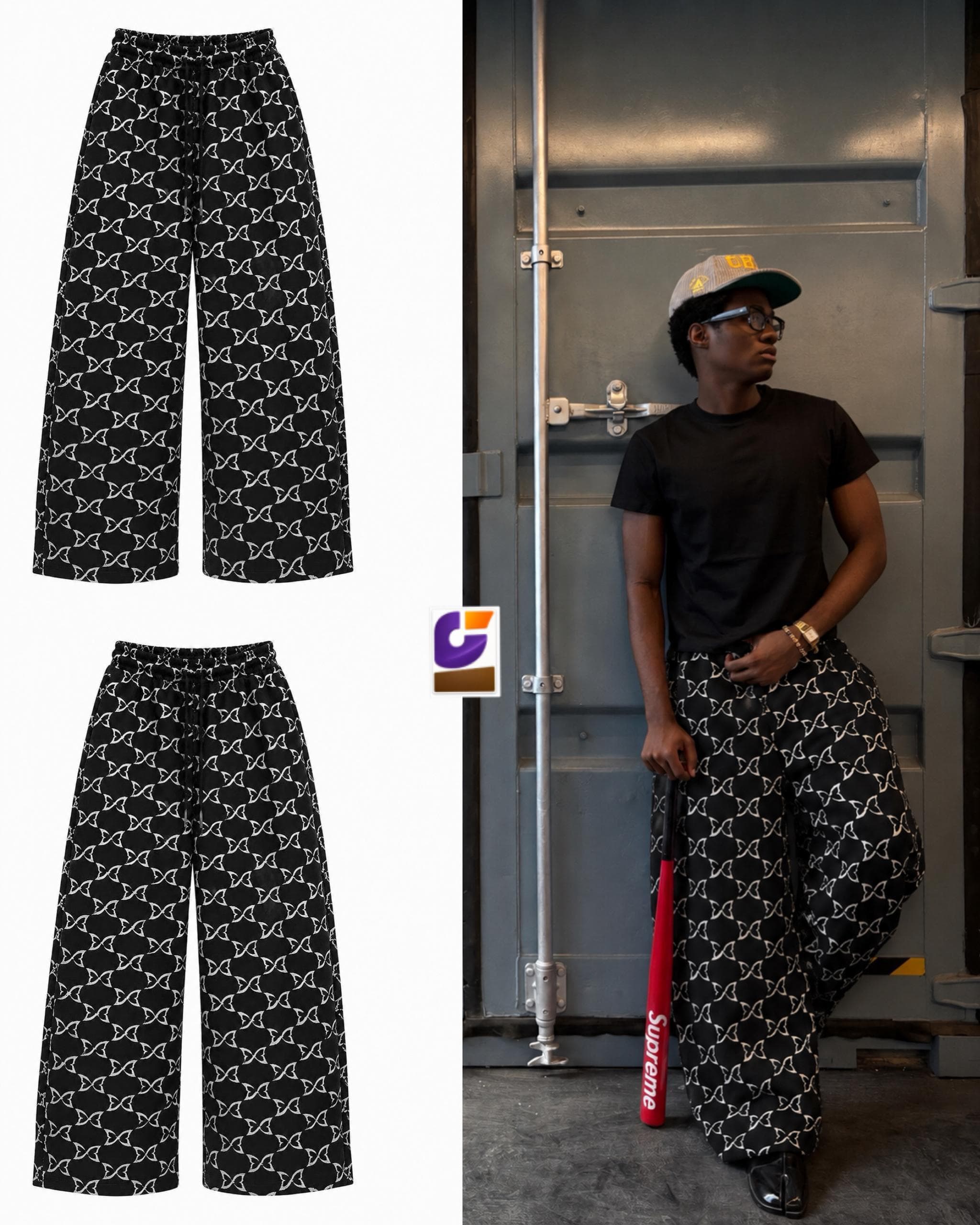Black joggers with white all-over butterfly print shown in flat lays and on model.