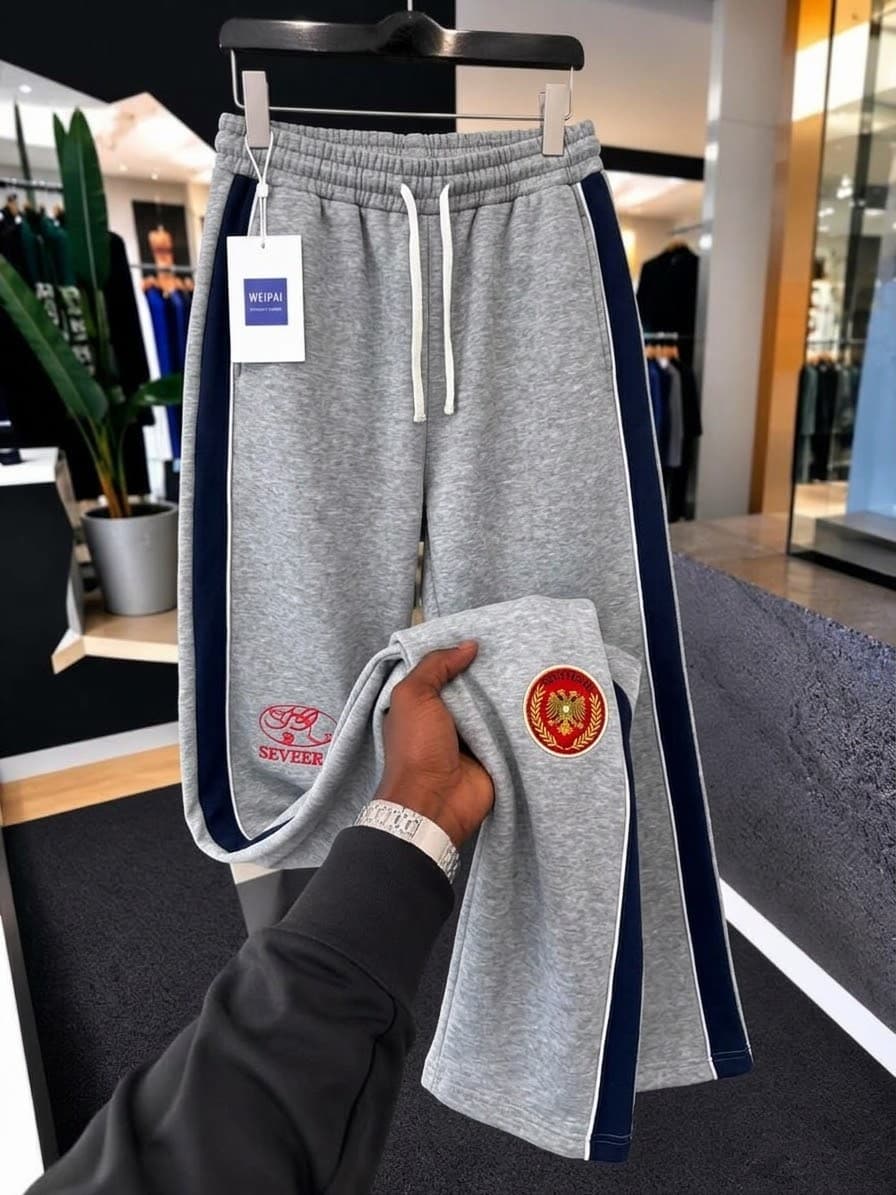 Green Saint-Dave joggers on hanger with hand holding the leg to display fabric and logo.