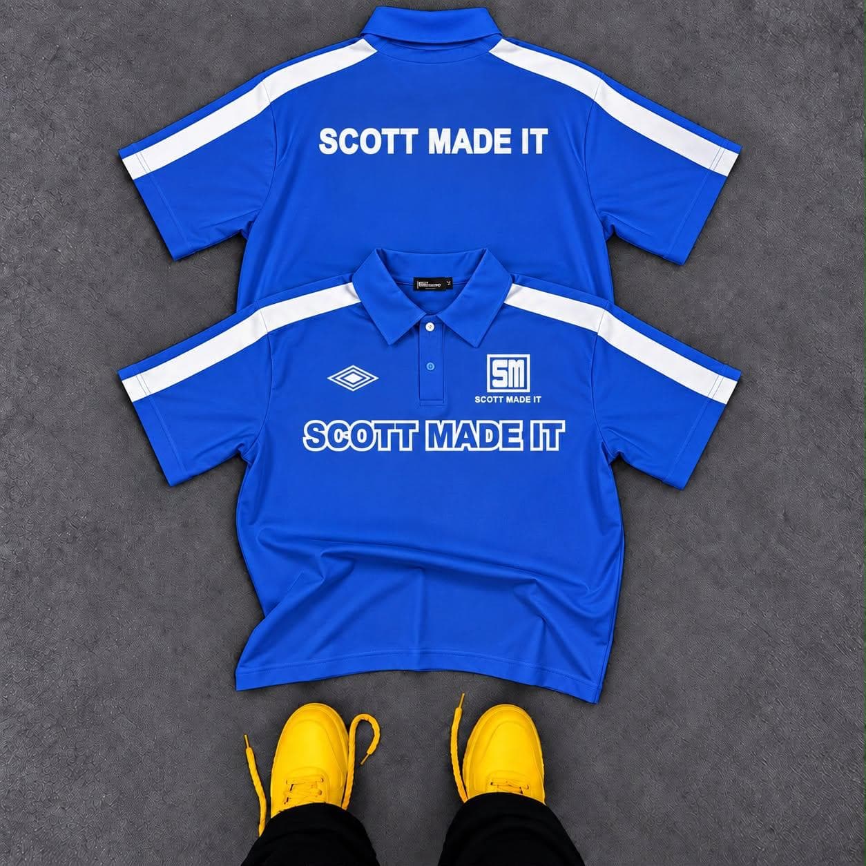 Front and back views of blue Scott Made It polo shirt with white stripes.