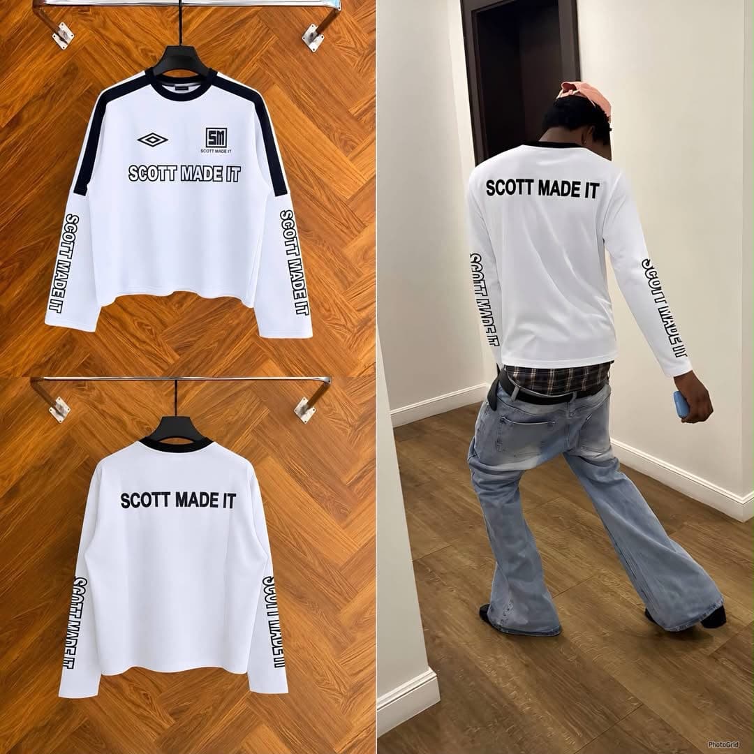 White Scott Made It cropped long sleeve sweatshirt with black accents shown in flat lay and on model.