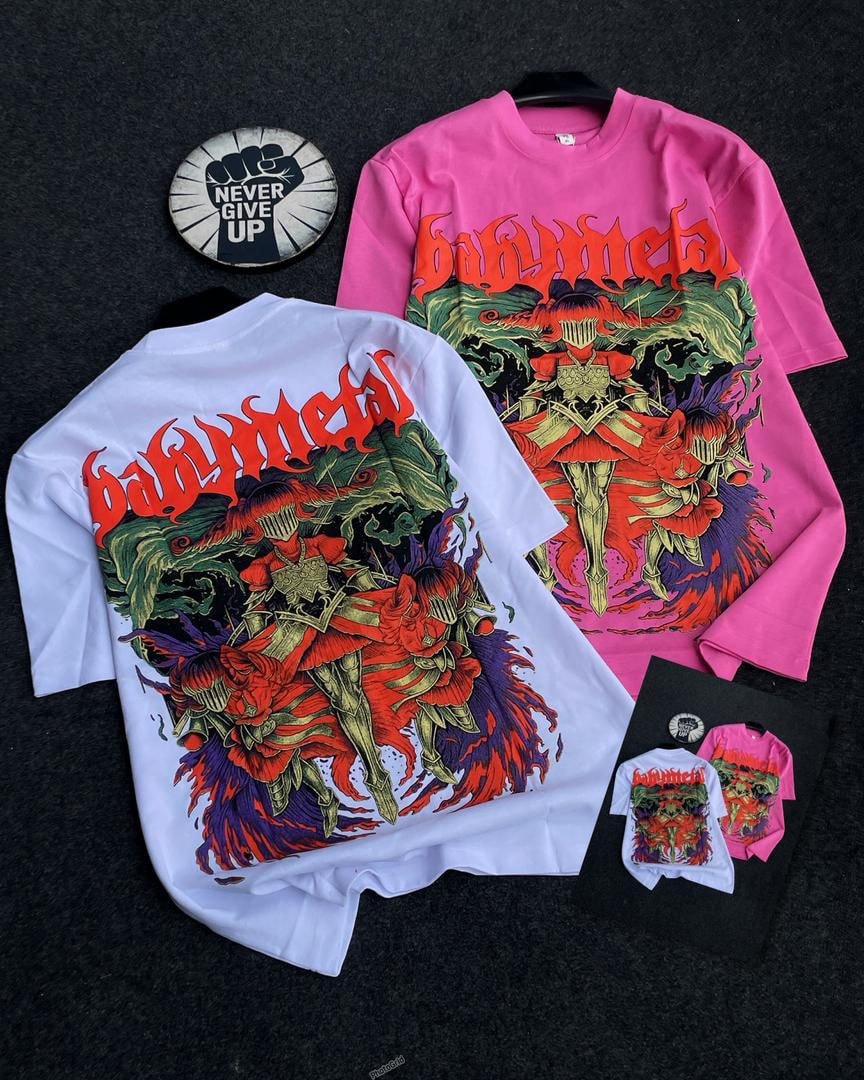 White and pink babymetal graphic tees with front and back artwork.