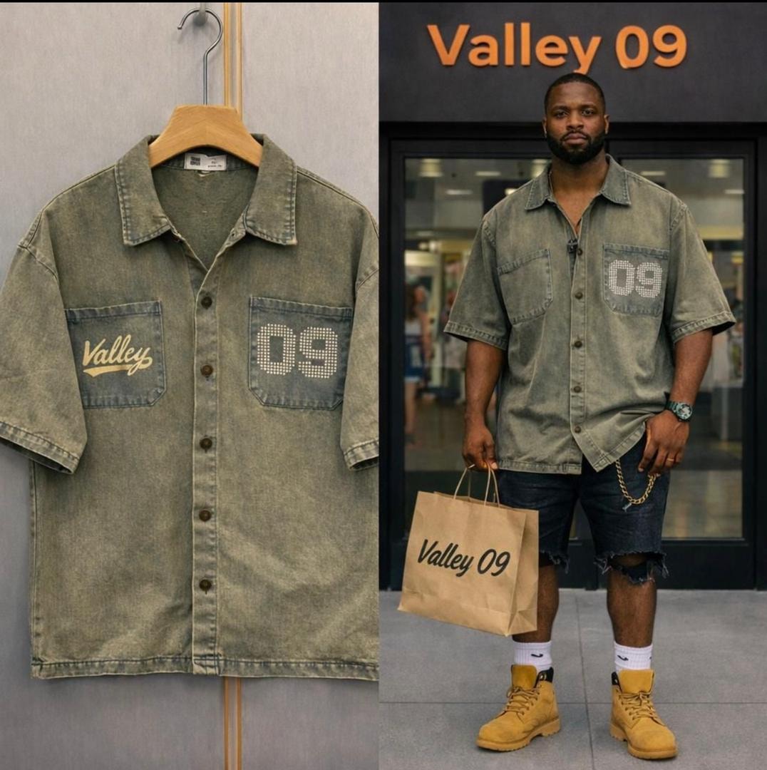 Olive Valley 09 denim jacket on hanger and worn by model.