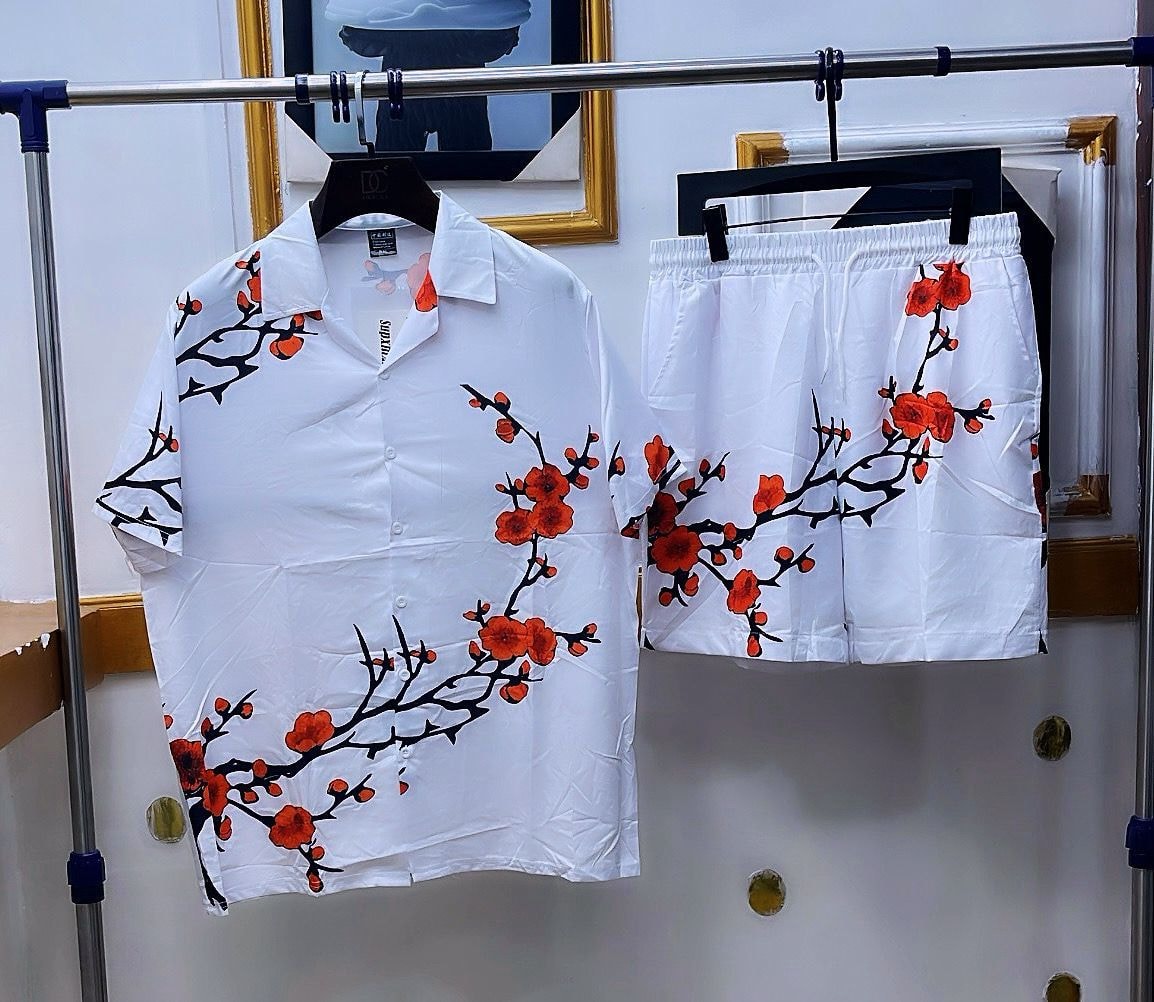 White shirt and shorts set with red flower and black branch print.