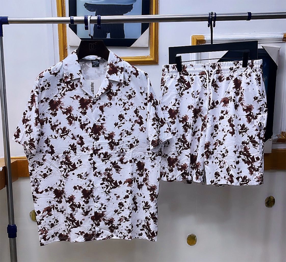 White shirt and shorts set with brown floral print.