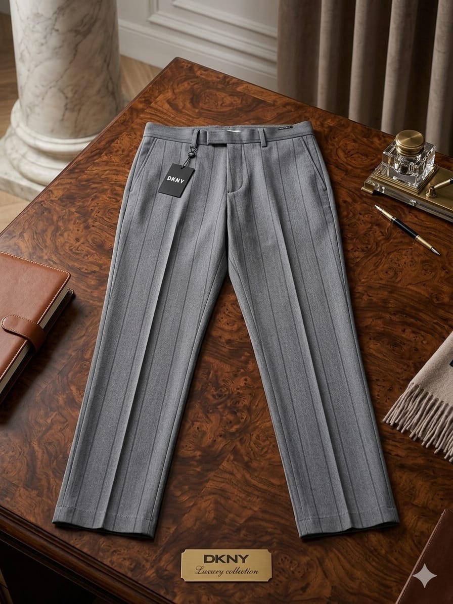 Gray pinstripe trousers on wooden table with luxury accessories and DKNY tag.