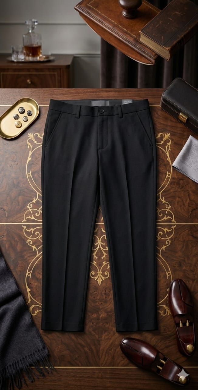 Black corporate trousers laid flat on wooden table with shoes, scarf and accessories.