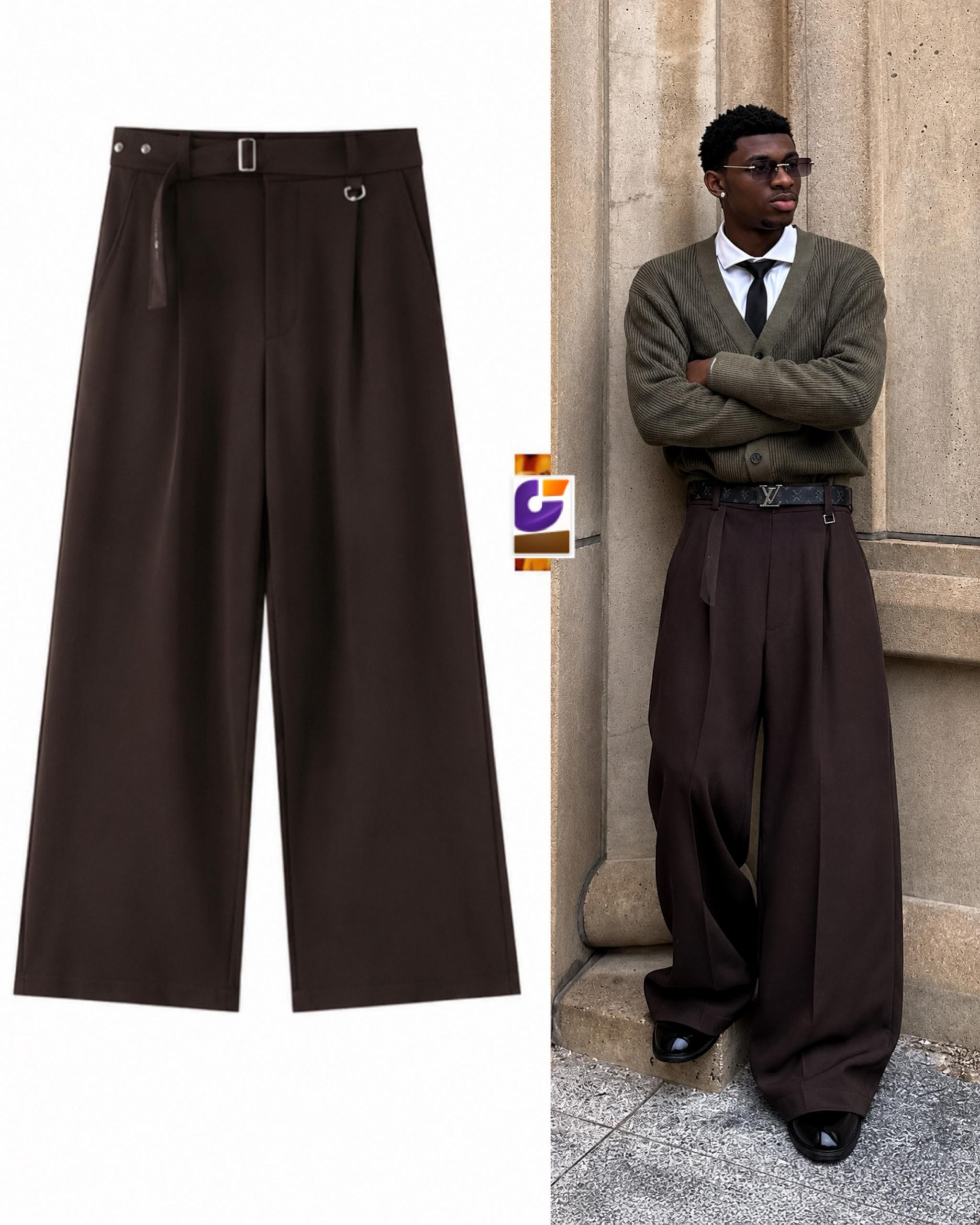Brown wide-leg flare trousers in flat lay and on model wearing with green cardigan.