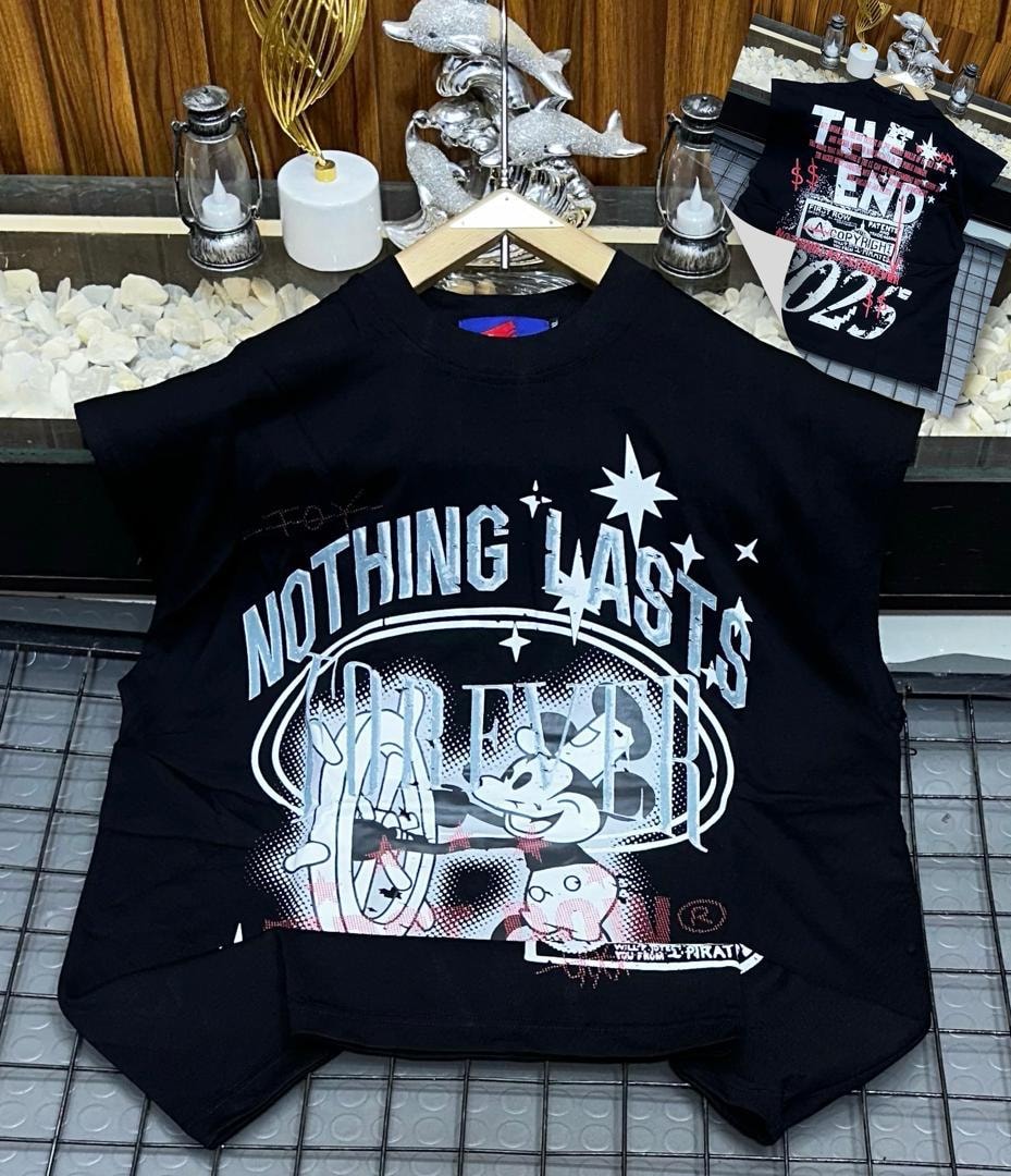 Black armless tee with Nothing Lasts Forever Mickey graphic.