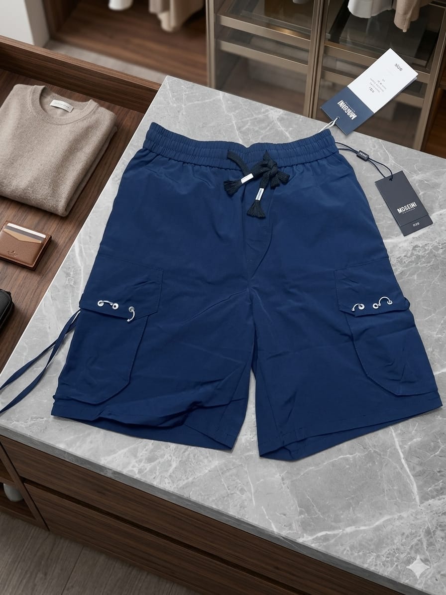 Navy blue cargo shorts with metal rings on pockets displayed on marble with styling items.