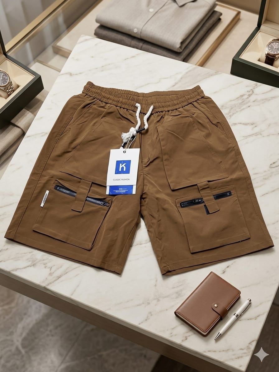Brown cargo shorts with K tag displayed on marble table with accessories.