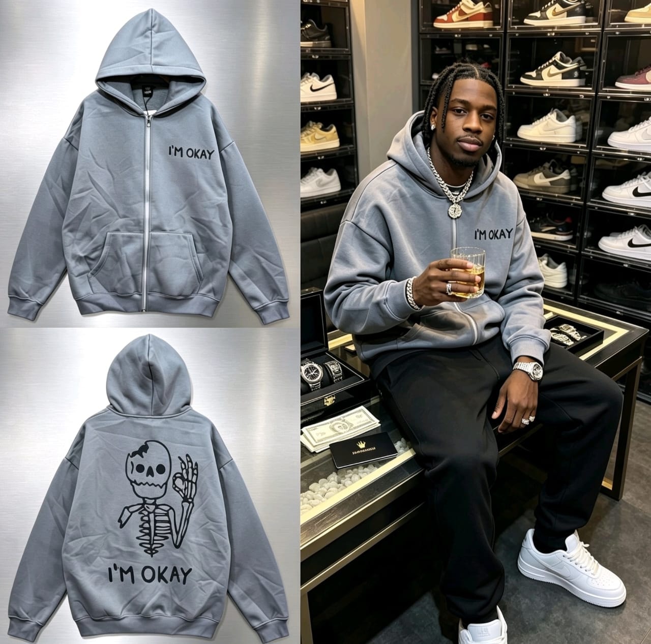 Light gray zip-up hoodie with I'm Okay text and skeleton graphic, shown in product views and on model in store.