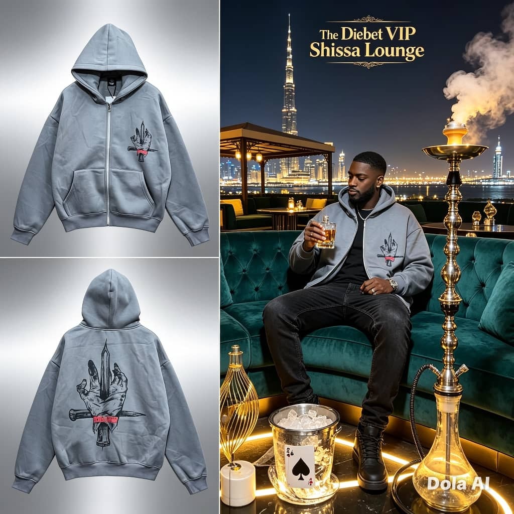 Gray zip-up hoodie with hand and dagger graphic on chest and back, shown in flatlays and on model in lounge setting.