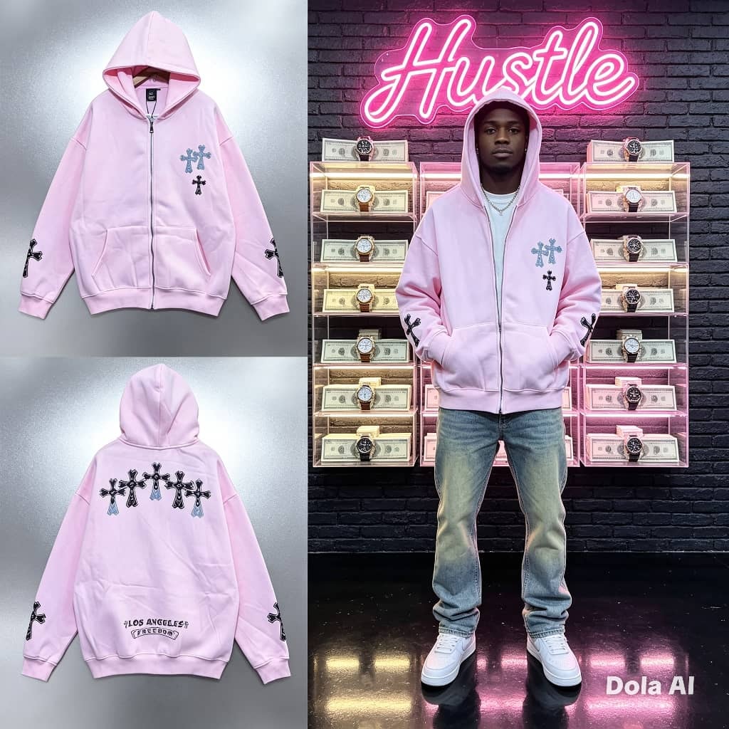 Pink zip-up hoodie with cross motifs on chest, sleeves and back with Los Angeles Freedom text, shown in flatlays and on model.