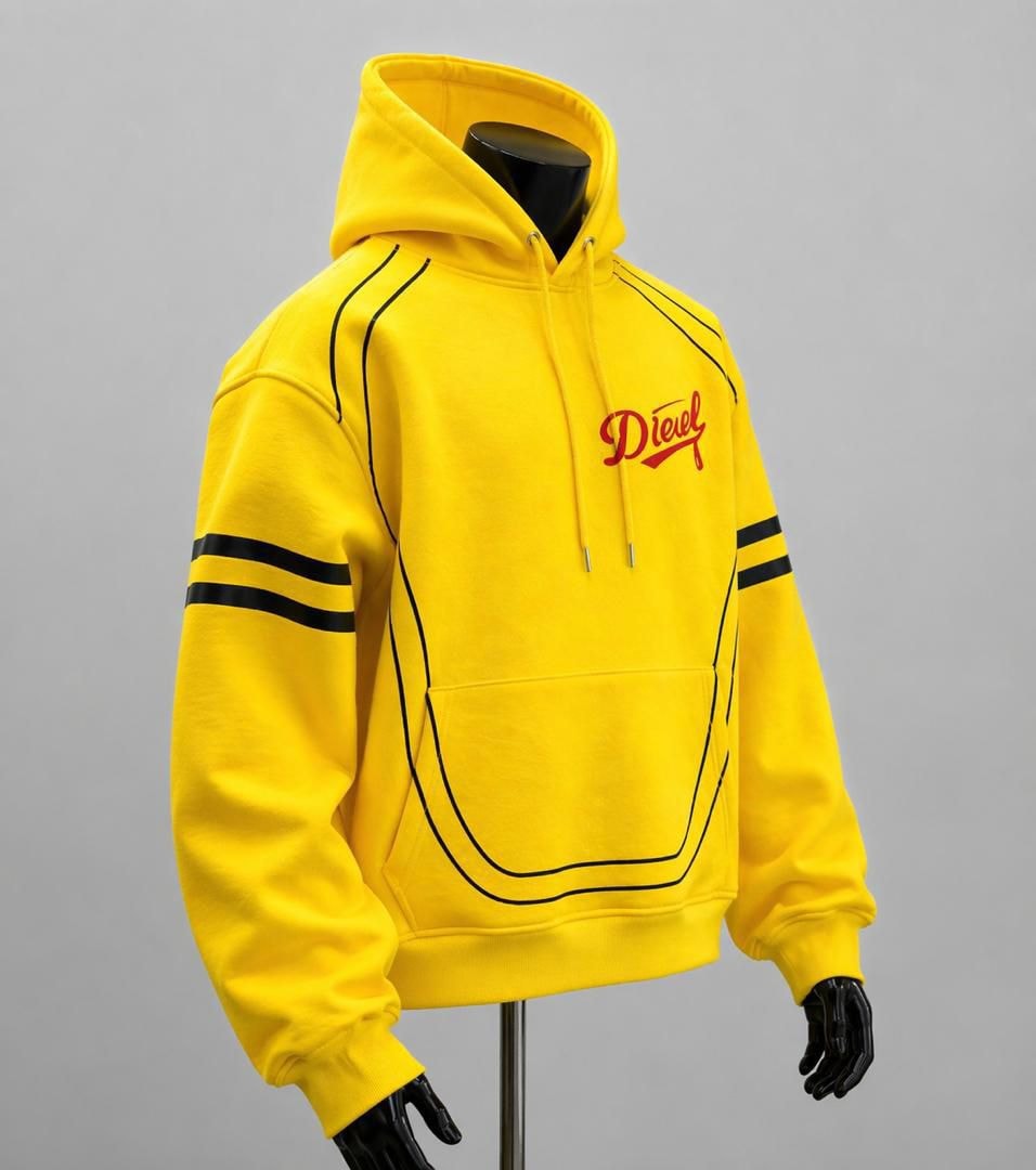 Front view of yellow Diesel hoodie with red embroidered logo, black piping, and striped sleeves.