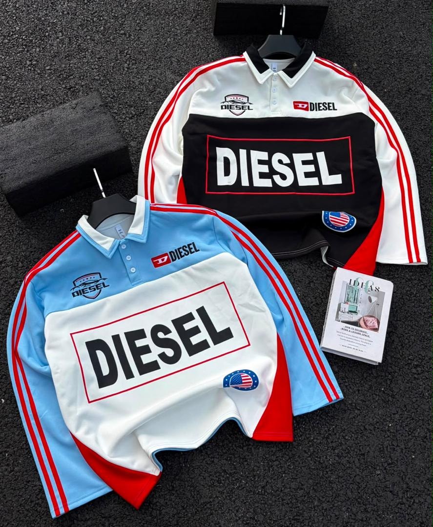 Two Diesel long sleeve polos in light blue and black colorways with large DIESEL prints.