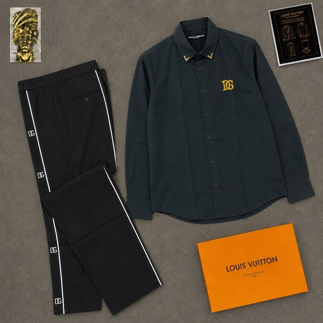 Green long sleeve DG logo shirt paired with black striped trousers and orange box.