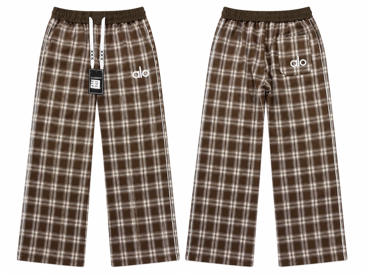 Front and back views of brown and white plaid joggers with Alo logo.