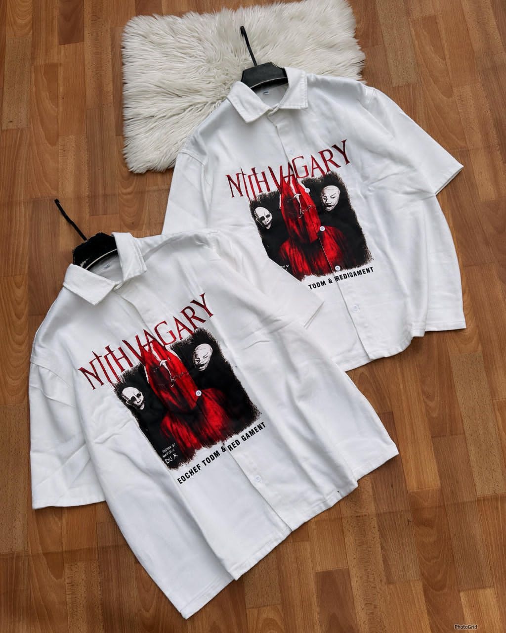 White short sleeve button-down shirt with red NTHYAGARY horror graphic showing masked figures and red hooded character.