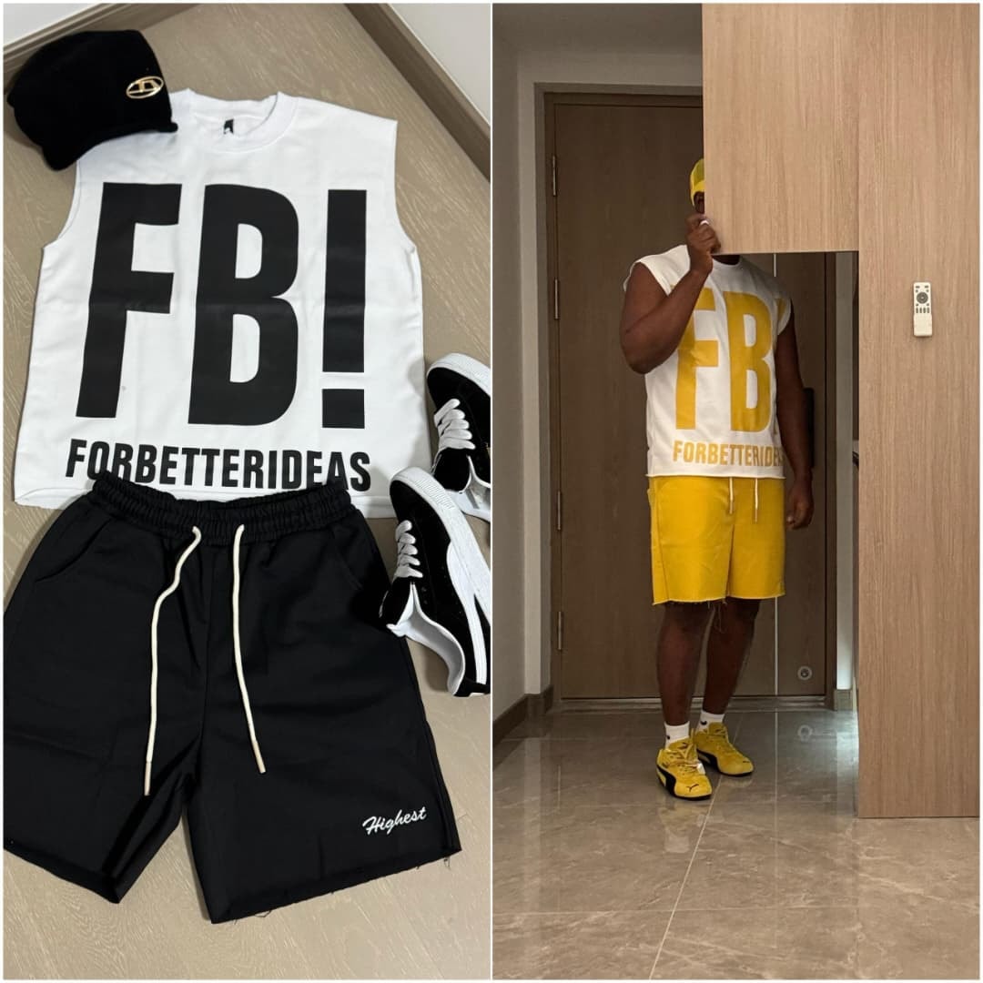 Flat lay of white sleeveless top with black FB! graphic and black shorts with model wearing the yellow version.