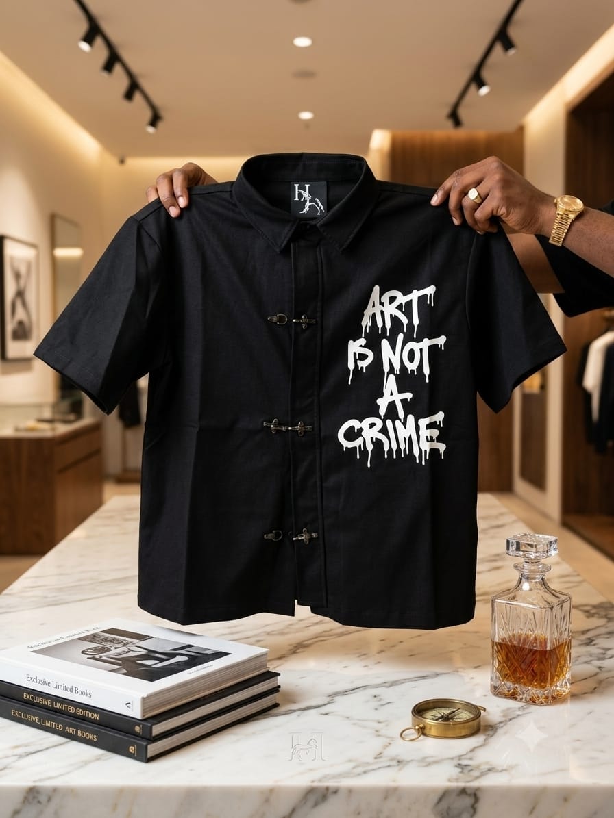 Black short sleeve shirt with ART IS NOT A CRIME print and frog button closure.