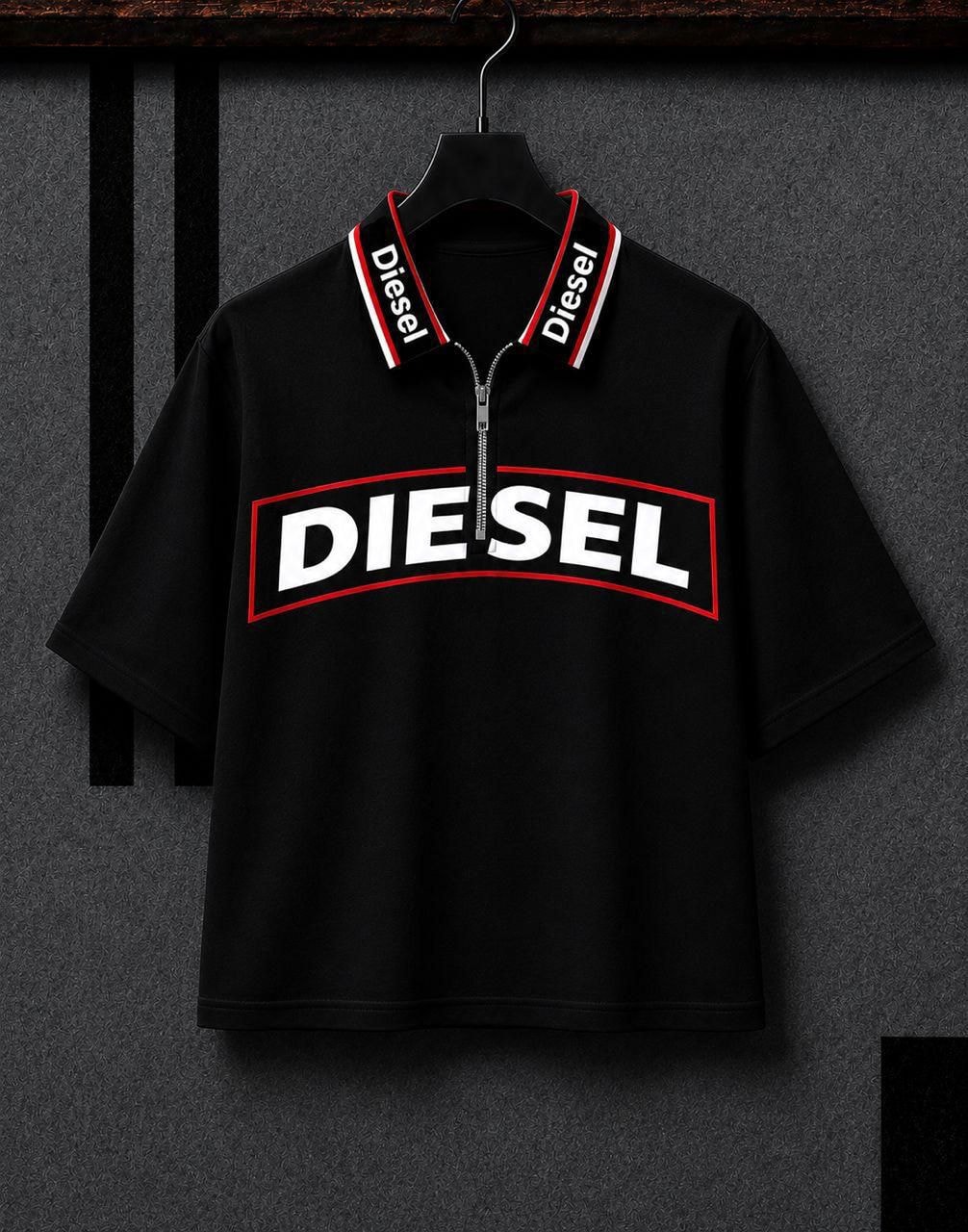 Black Diesel cropped zip polo t-shirt on hanger with large chest logo.