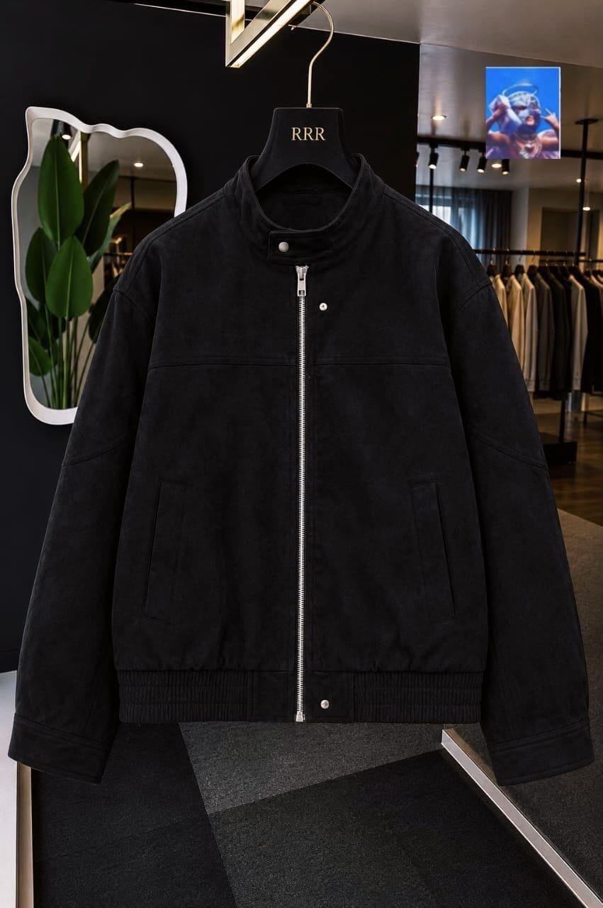 Black suede zip-up jacket with stand collar and ribbed hem on a hanger in a showroom.