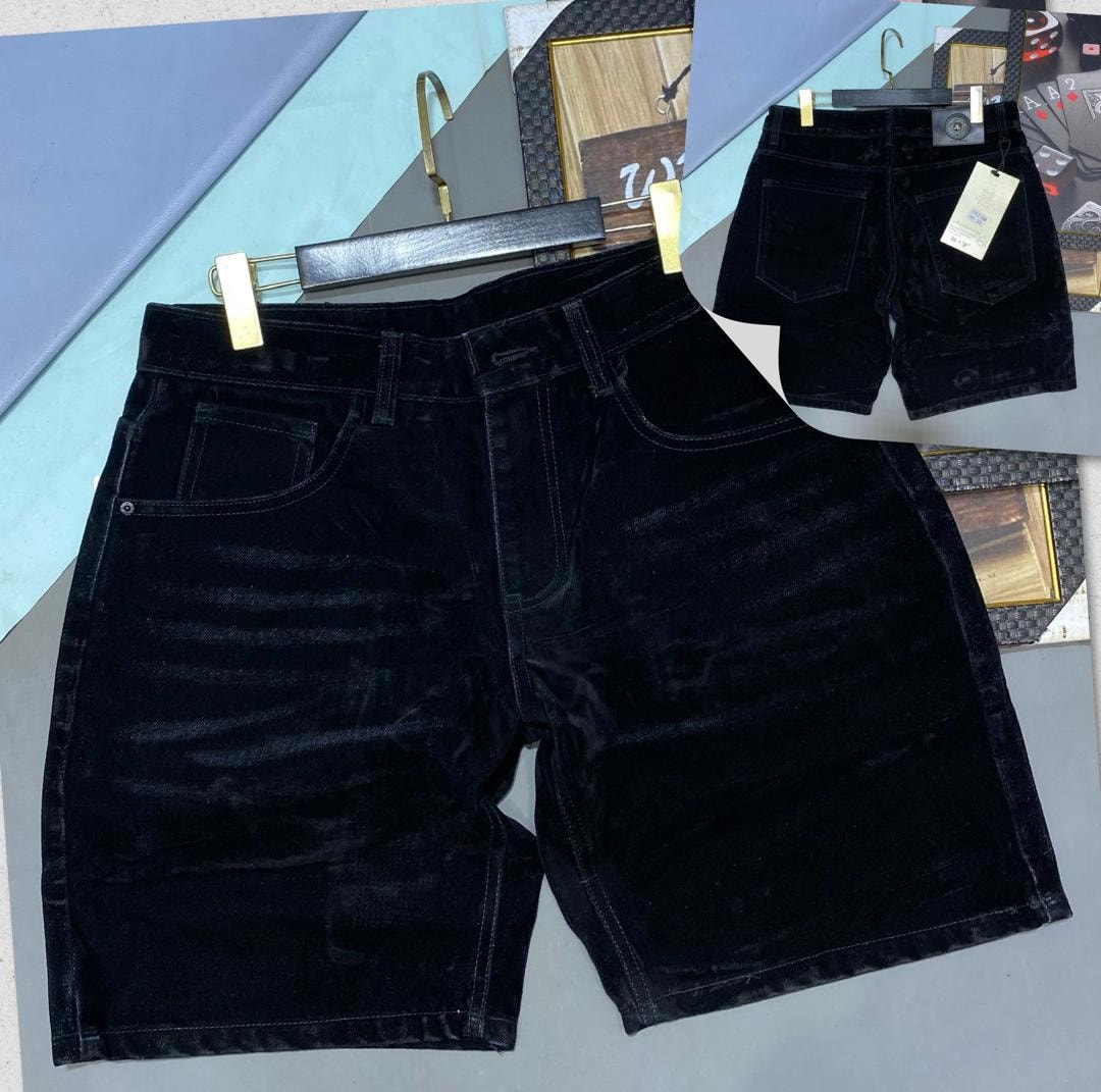 Black corduroy jean shorts shown in front and back views.