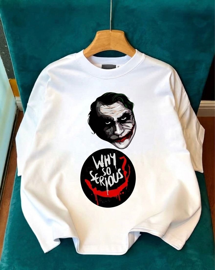 White long sleeve tee with Joker face graphic and Why So Serious circular text.